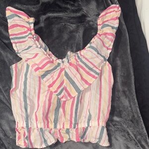 Express Multicolor Striped Crop Top with Ruffle Sleeves